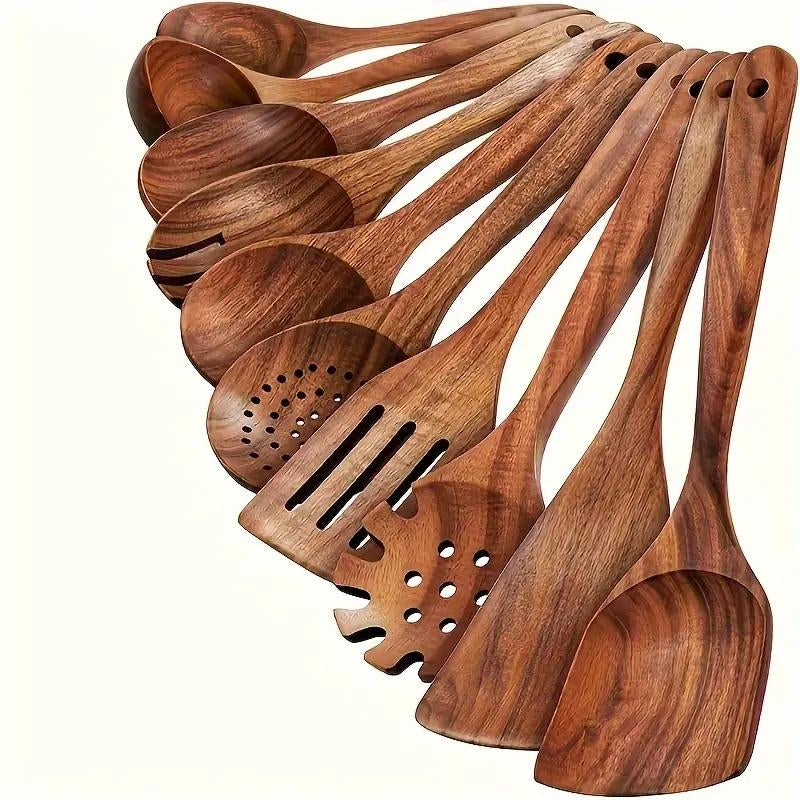 10Pcs/Set Natural Wood Kitchen Utensil Set, Wooden Spoon Set, with Ergonomic Handles, Heat-Resistant Spoons, Pans and Spatulas, Ideal for Induction Cookers