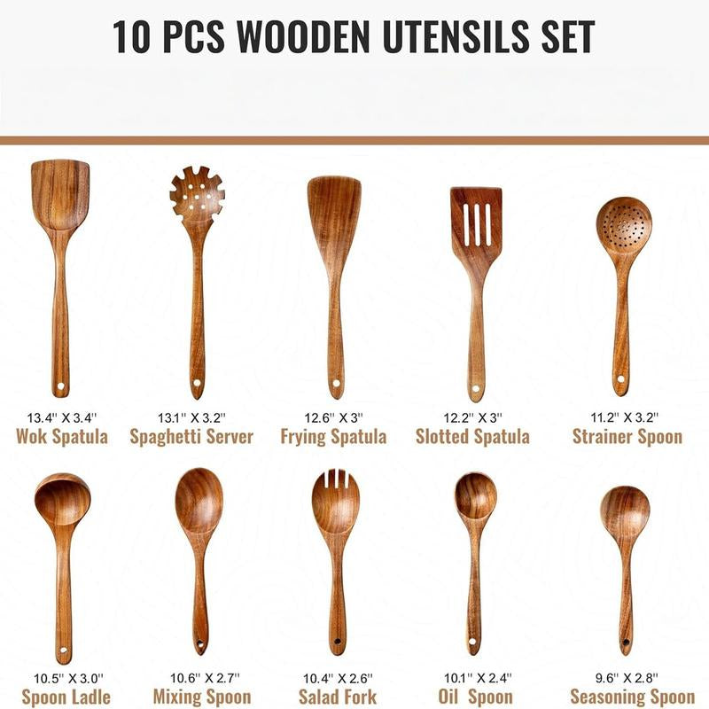 10Pcs/Set Natural Wood Kitchen Utensil Set, Wooden Spoon Set, with Ergonomic Handles, Heat-Resistant Spoons, Pans and Spatulas, Ideal for Induction Cookers
