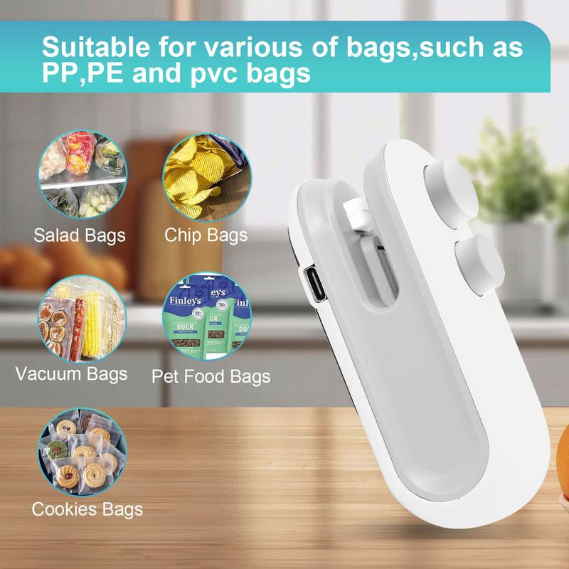 Rechargeable 2-In-1 Bag Sealer & Cutter Portable Heat Sealer for Snack Bags Chip Bags and Plastic Bags Quickly Seals to Lock in Freshness Clean White Design with Magnetic Backing for Convenient Fridge Storage Must-Have Kitchen Essential