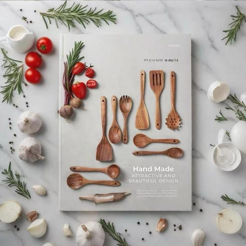 10Pcs/Set Natural Wood Kitchen Utensil Set, Wooden Spoon Set, with Ergonomic Handles, Heat-Resistant Spoons, Pans and Spatulas, Ideal for Induction Cookers