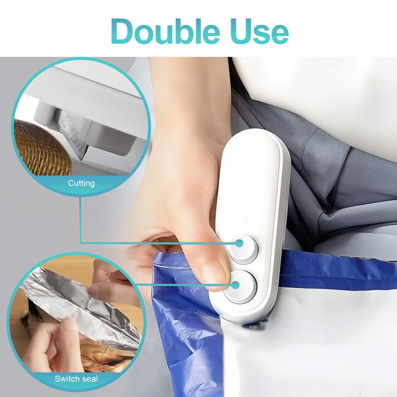 Rechargeable 2-In-1 Bag Sealer & Cutter Portable Heat Sealer for Snack Bags Chip Bags and Plastic Bags Quickly Seals to Lock in Freshness Clean White Design with Magnetic Backing for Convenient Fridge Storage Must-Have Kitchen Essential