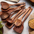 10Pcs/Set Natural Wood Kitchen Utensil Set, Wooden Spoon Set, with Ergonomic Handles, Heat-Resistant Spoons, Pans and Spatulas, Ideal for Induction Cookers