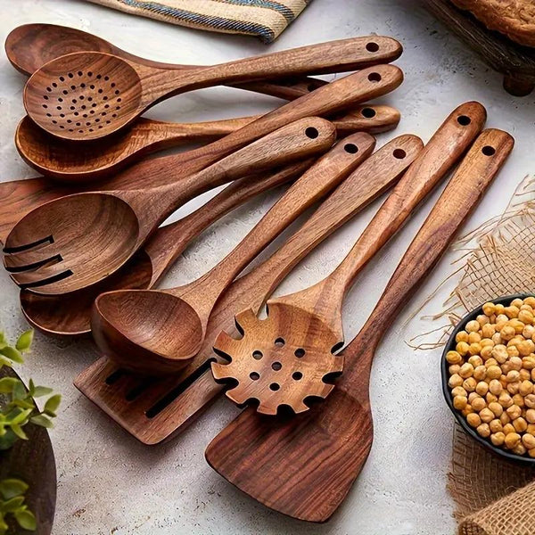 Natural Wood Cooking Utensil Set with Ergonomic Handles (10PCS)