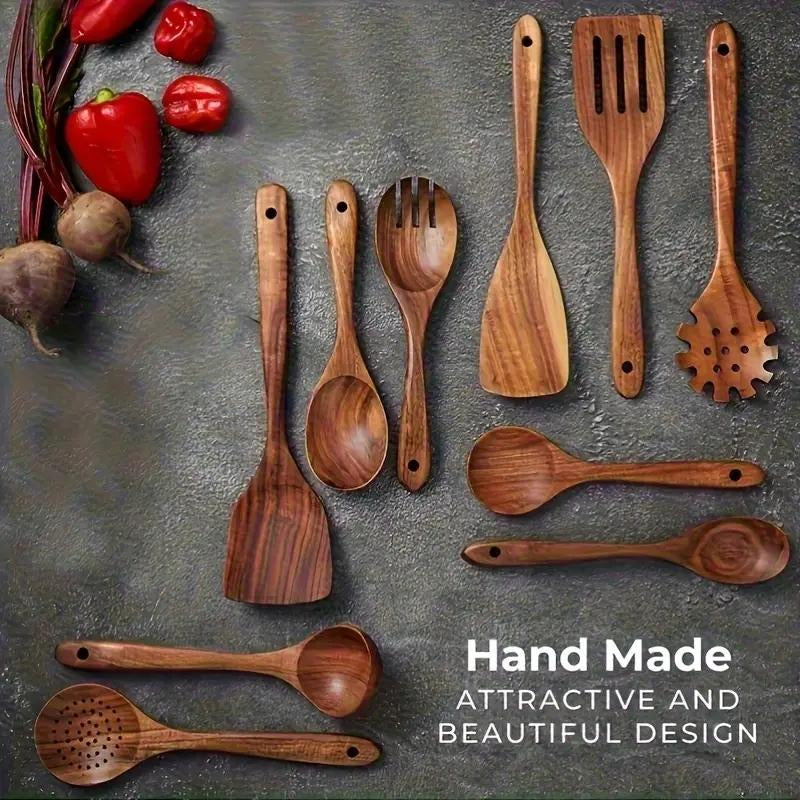 10Pcs/Set Natural Wood Kitchen Utensil Set, Wooden Spoon Set, with Ergonomic Handles, Heat-Resistant Spoons, Pans and Spatulas, Ideal for Induction Cookers