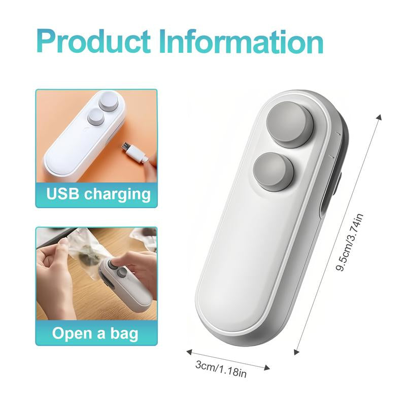 Rechargeable 2-In-1 Bag Sealer & Cutter Portable Heat Sealer for Snack Bags Chip Bags and Plastic Bags Quickly Seals to Lock in Freshness Clean White Design with Magnetic Backing for Convenient Fridge Storage Must-Have Kitchen Essential
