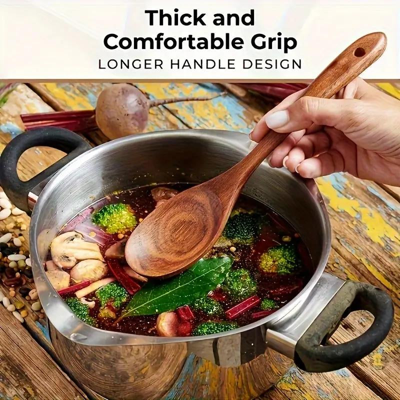 10Pcs/Set Natural Wood Kitchen Utensil Set, Wooden Spoon Set, with Ergonomic Handles, Heat-Resistant Spoons, Pans and Spatulas, Ideal for Induction Cookers