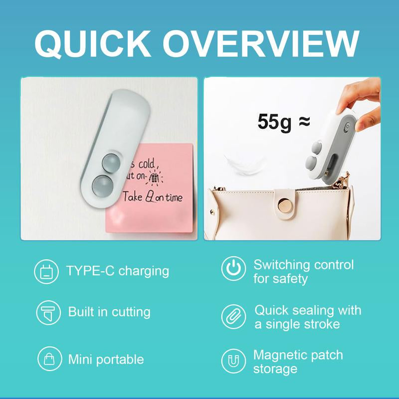 Rechargeable 2-In-1 Bag Sealer & Cutter Portable Heat Sealer for Snack Bags Chip Bags and Plastic Bags Quickly Seals to Lock in Freshness Clean White Design with Magnetic Backing for Convenient Fridge Storage Must-Have Kitchen Essential