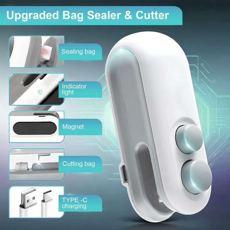 Rechargeable 2-In-1 Bag Sealer & Cutter Portable Heat Sealer for Snack Bags Chip Bags and Plastic Bags Quickly Seals to Lock in Freshness Clean White Design with Magnetic Backing for Convenient Fridge Storage Must-Have Kitchen Essential