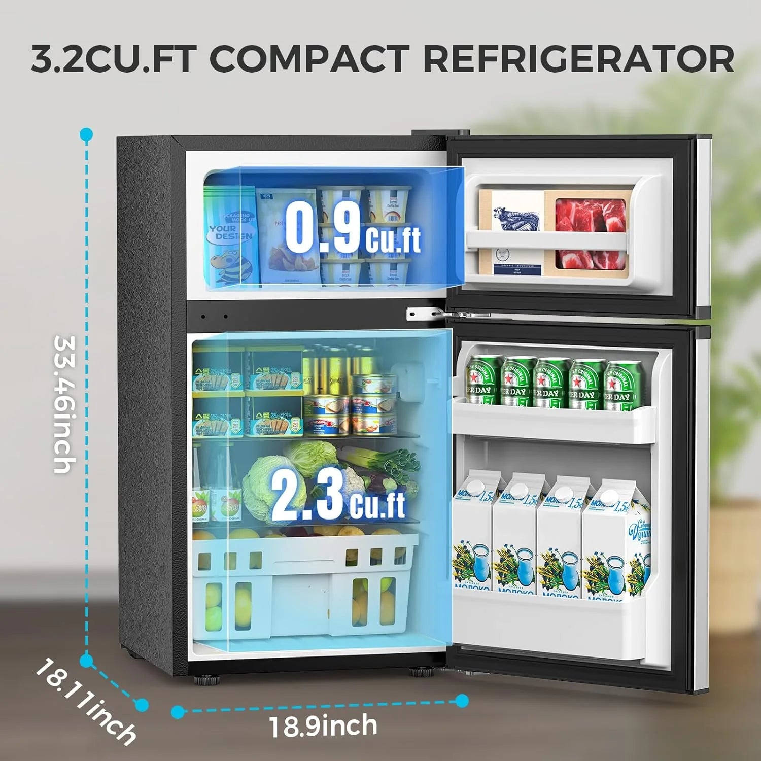 Kismile 2-Door Mini Refrigerator with Freezer – Adjustable Shelf